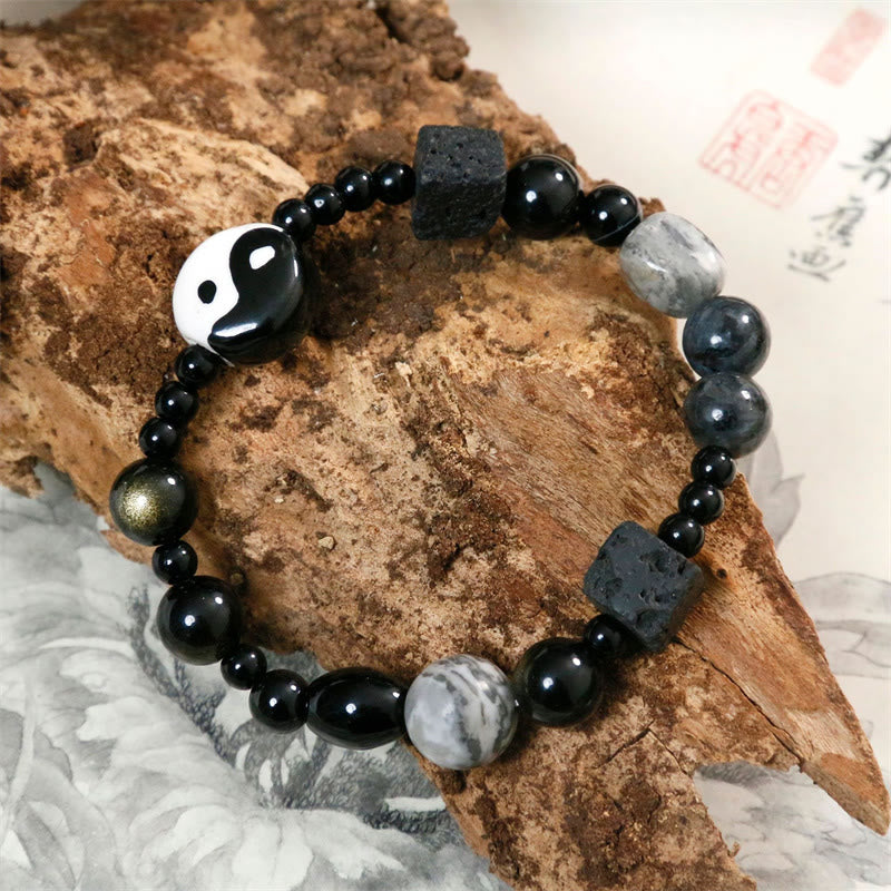 Pulsera de protección de la fortuna Yin Yang con cuentas de jaspe Picasso de ónix negro y piedras de Buda