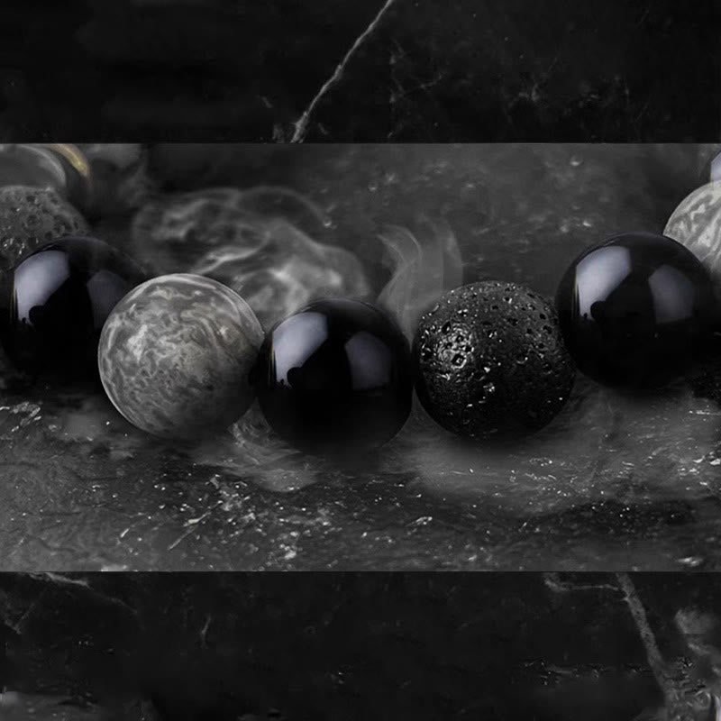 Pulsera de piedra de lava de obsidiana negra con piedras de Buda y fuerza Yin Yang