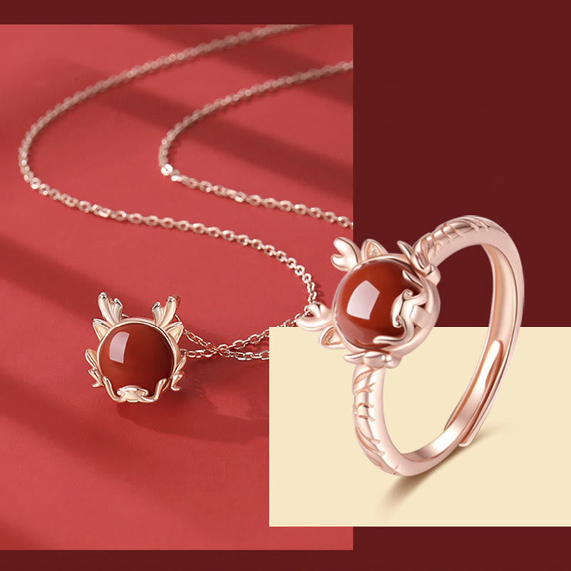 Buddha Stones 925 Sterling Silver Year of the Dragon Cinnabar Red Agate Dragon Protection Bracelet Necklace Pendant Earrings Ring