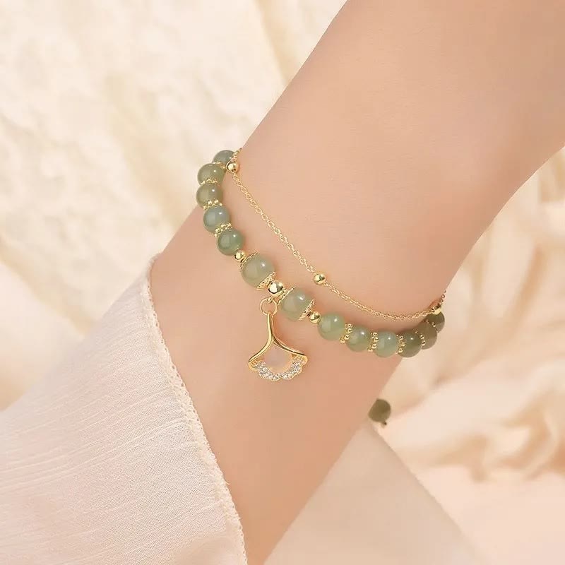 Pulsera de cuentas con piedras de Buda, hojas de jade, ginkgo, tulipán, cacahuete y carácter Fu, con la suerte