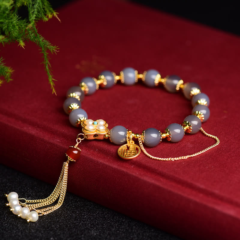 Pulsera de equilibrio con borlas de perla y ágata gris natural de Buda