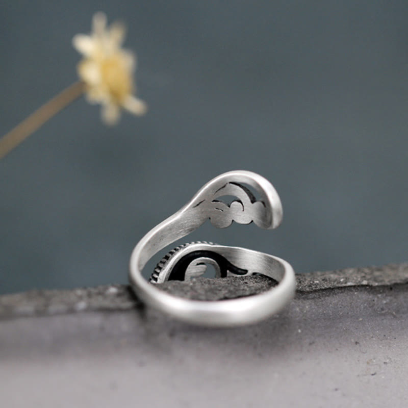 Anillo de plata de ley 925 con piedras de Buda y pez koi, con ondas de agua, para la suerte y la riqueza.