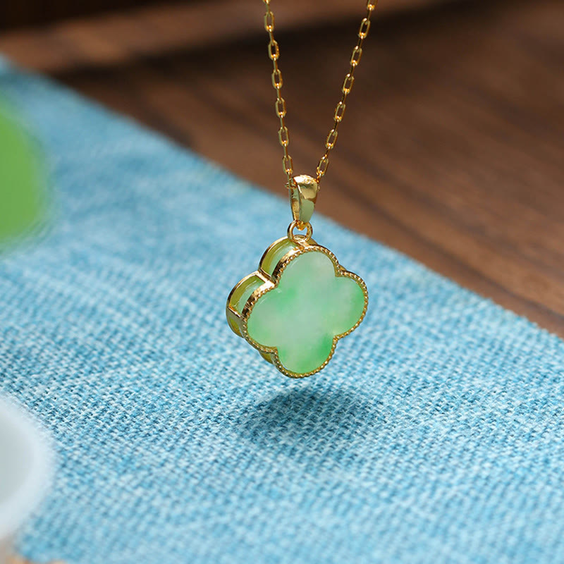Buddha Stones Vierblättriges Kleeblatt Jade Muster Glück Halskette Anhänger