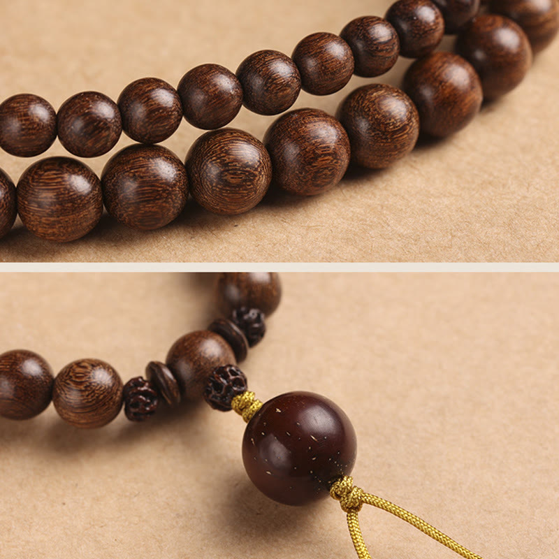 Pulsera de doble vuelta con semillas de Bodhi y sándalo rojo de hoja pequeña con piedras de Buda y sándalo
