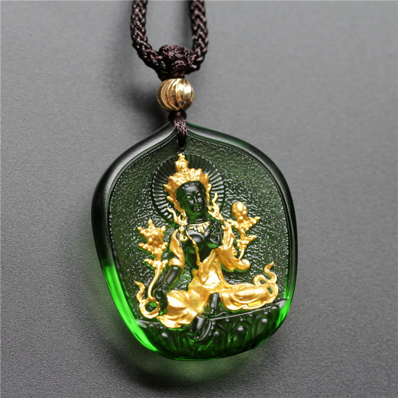 Collar con colgante de protección de cristal Liuli bañado en oro con piedras de Buda Tara Verde tibetano