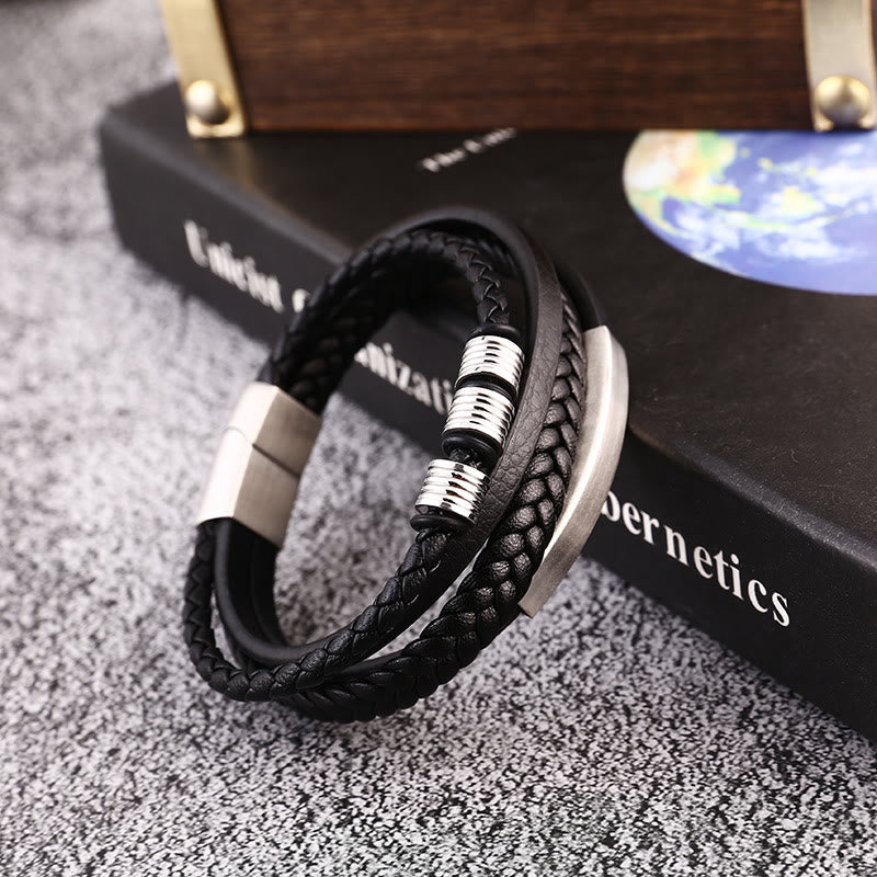 Pulsera trenzada multicapa de cuero y acero de titanio con hebilla magnética y piedras de Buda