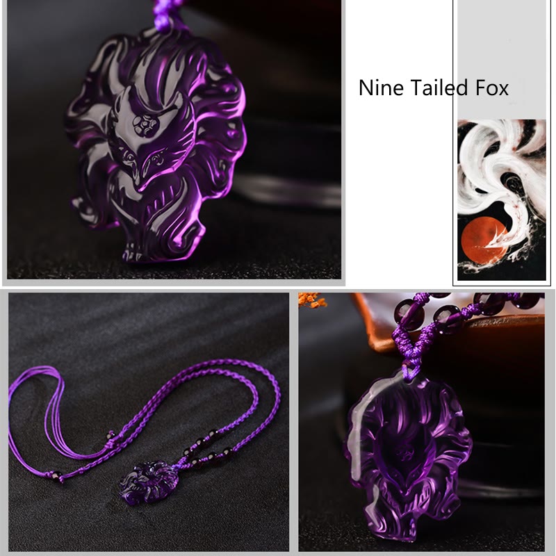 Buddha Stones Natürlicher Amethyst Weißer Kristall Citrin Neunschwänziger Fuchs Glück Halskette Anhänger