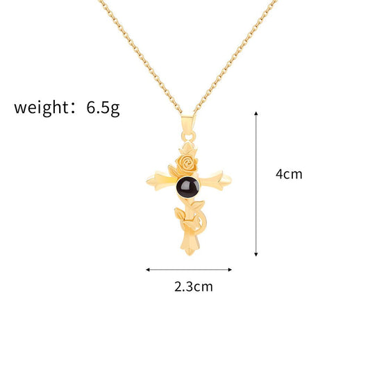 Collar de cruz rosa vintage con proyección de fotos ocultas personalizado