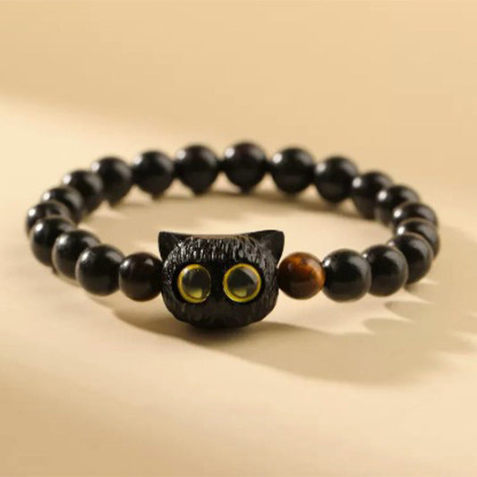 Pulsera de la paz con diseño de cabeza de gato de madera de ébano y piedras de Buda
