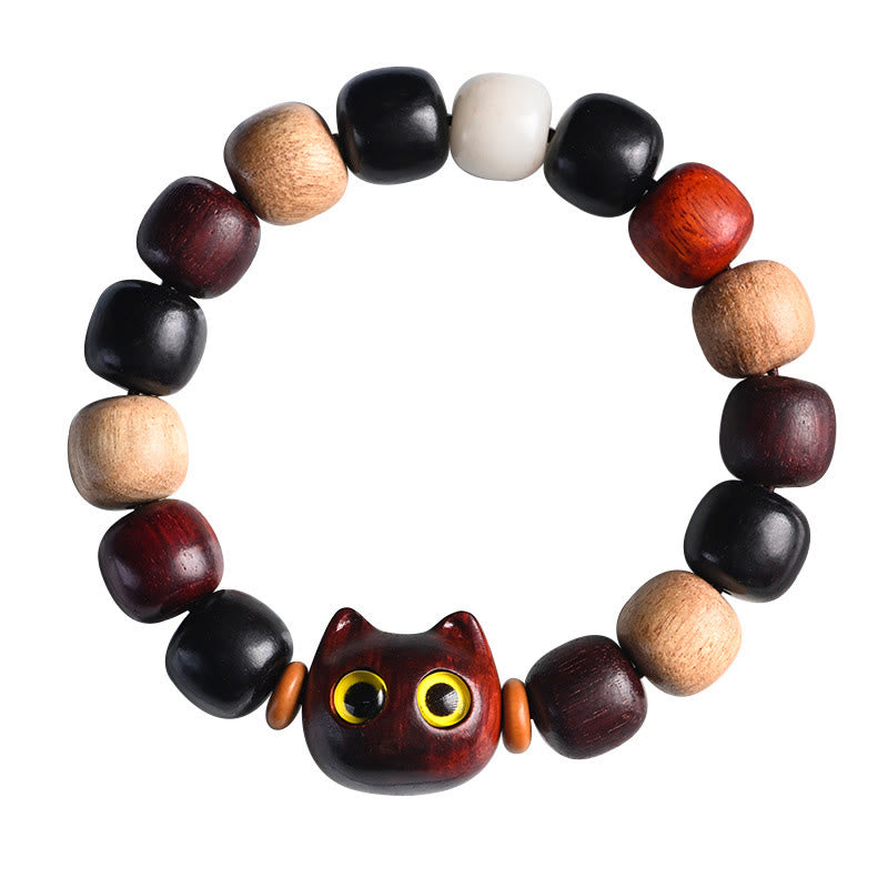Pulsera de protección con piedras de Buda, hoja pequeña, sándalo rojo, madera de ébano y gato grabado