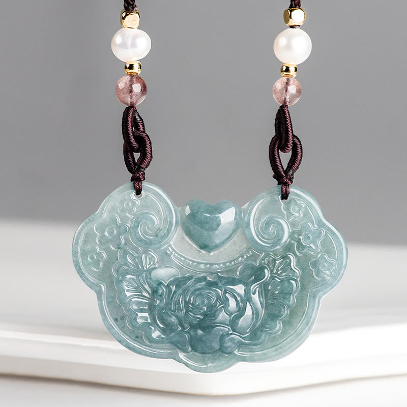 Collar con colgante de flor de peonía de jade natural y piedras de Buda con candado de buenos deseos y prosperidad