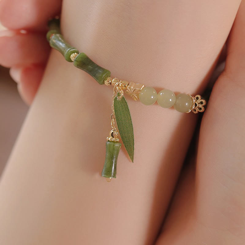 Buddha Stones Jade Bambusblatt Maiglöckchen Muster Glück Fülle Armband
