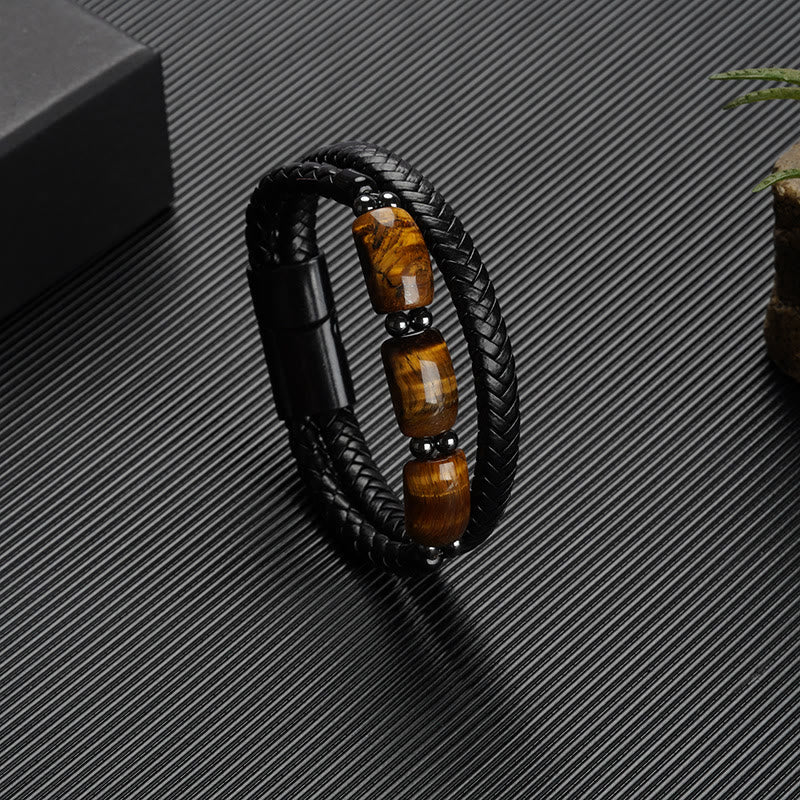 Pulsera de cuero con hebilla magnética y protección de fuerza de voluntad con ojo de tigre natural y piedras de Buda