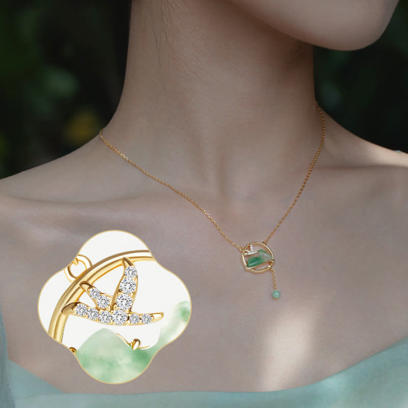 Conjunto de collar y pulsera con colgante de la suerte, piedras de Buda, cobre bañado en oro de 18 quilates, jade natural y calcedonia. Un panorama de ríos y montañas.