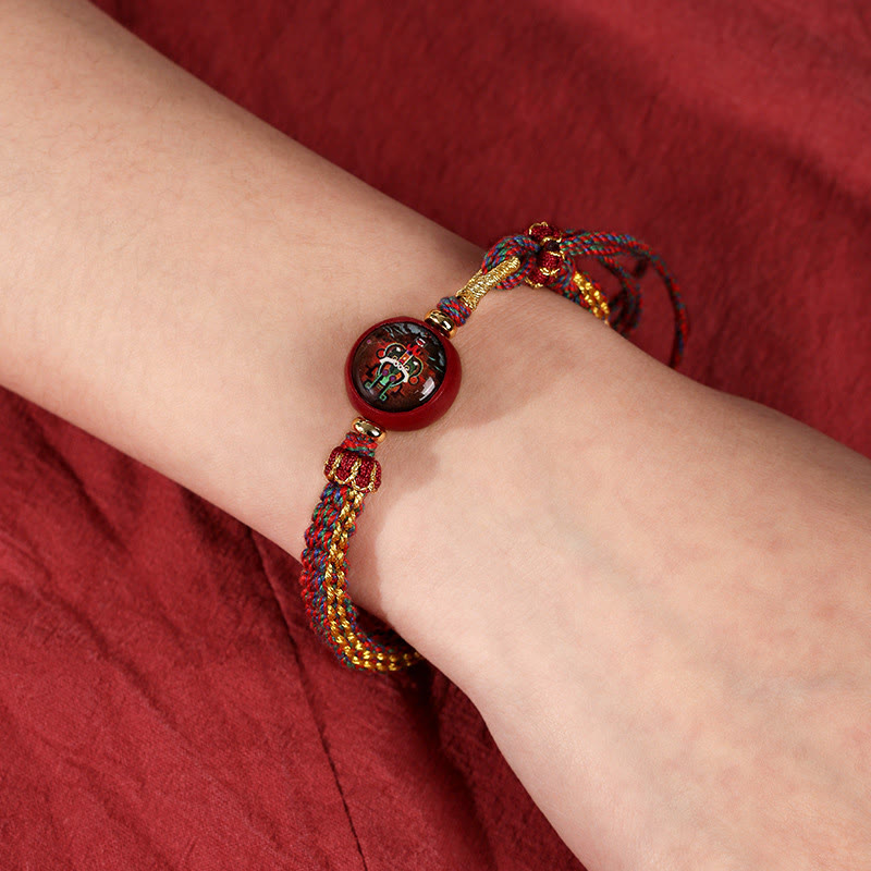 Pulsera trenzada con bendición de thangka de cinabrio y cuerda colorida con piedras de Buda