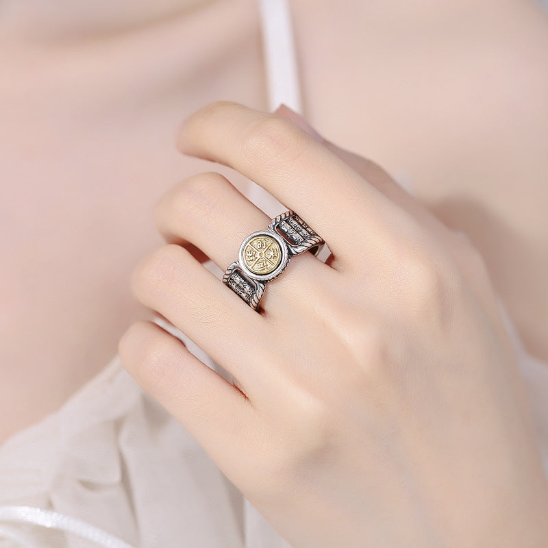 Anillo giratorio de pureza con diseño de moneda de cobre tallada con piedras de Buda tibetanas Om Mani Padme Hum