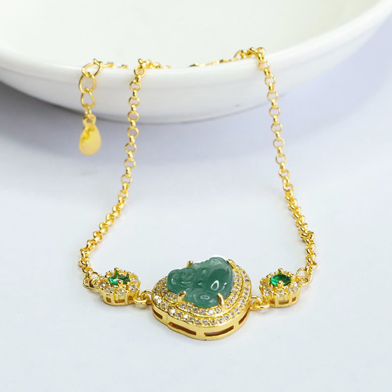 Pulsera de cadena de la suerte con circón y jade verde de Buda sonriente con piedras de Buda