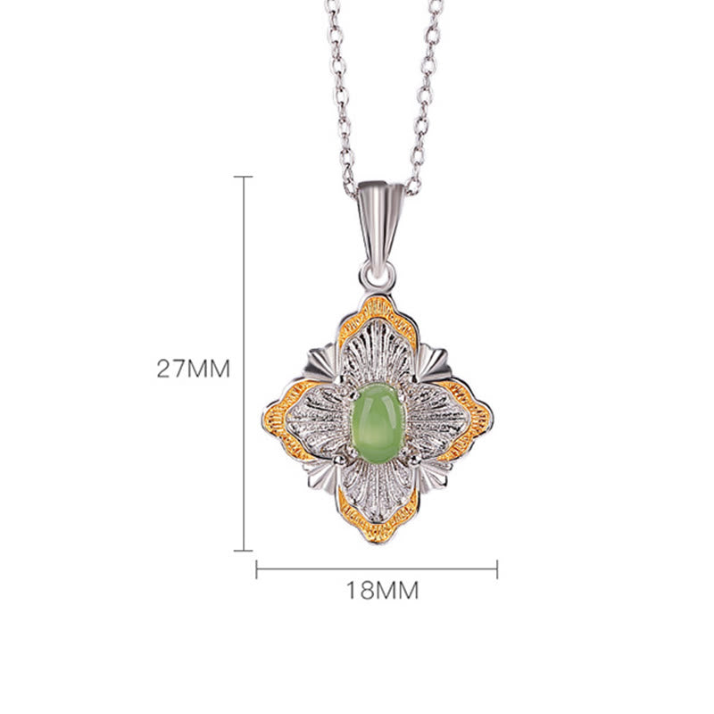 Collar con colgante de jade cian hetiano bañado en oro y piedras de Buda en plata de ley 925 con diseño de rombos para la buena suerte y la curación.