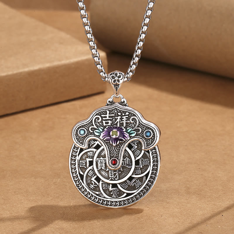 Collar con colgante de riqueza con monedas de cobre, flor de peonía y piedras de Buda