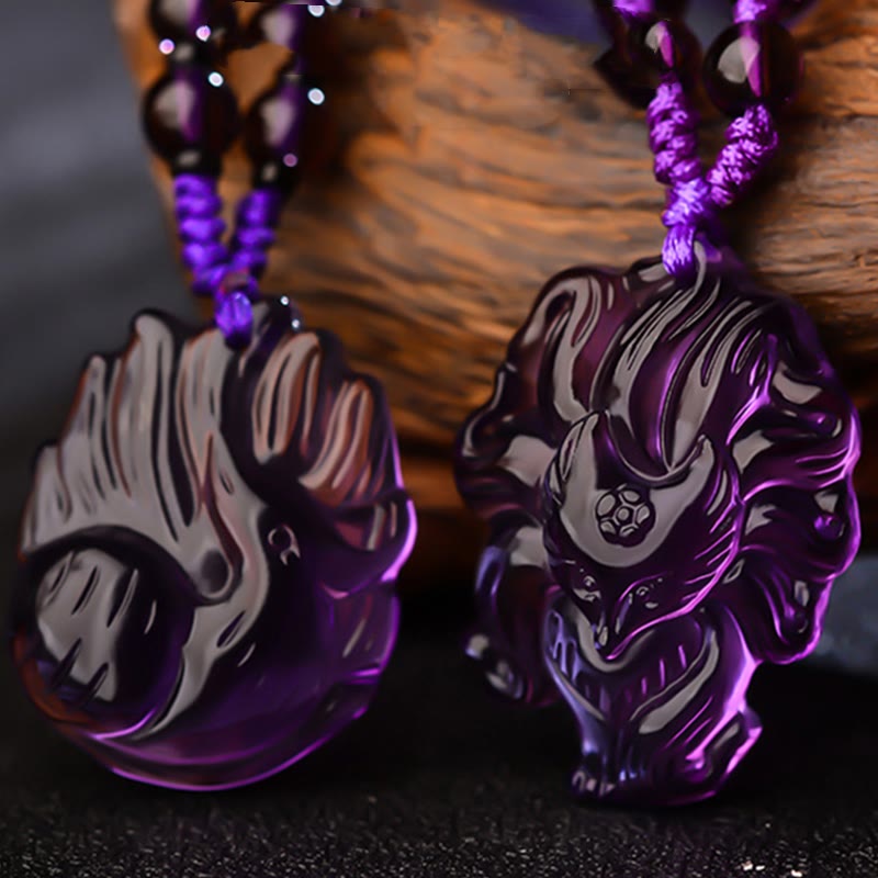 Buddha Stones Natürlicher Amethyst Weißer Kristall Citrin Neunschwänziger Fuchs Glück Halskette Anhänger