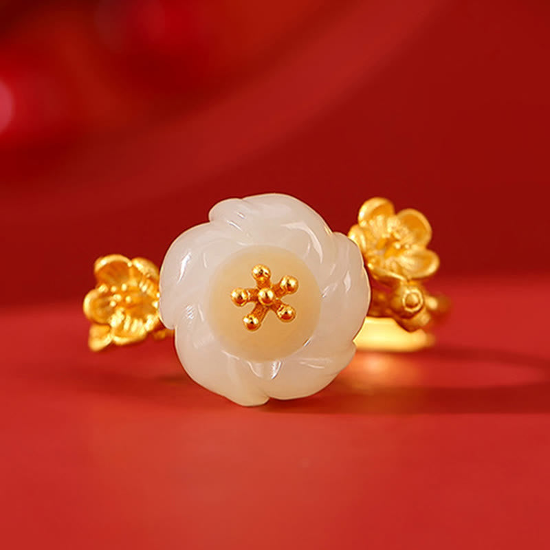 Buddha Stones 925 Sterling Silver Plated Gold Hetian Jade Plum Blossom Luck Necklace Pendant Bracelet Bangle Ring