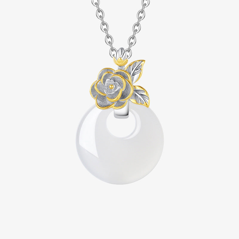Collar con colgante de flor de armonía de doce meses de calcedonia redonda de plata de ley 925 con piedras de Buda