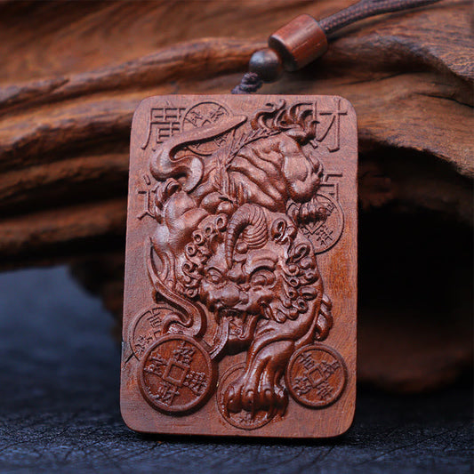 Colgante de collar con moneda de cobre PiXiu de madera de azufaifo con rayo natural y piedras de Buda