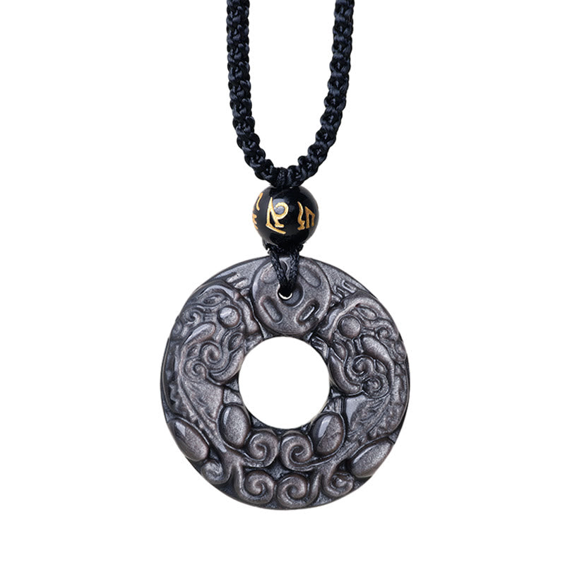 Collar con colgante de obsidiana con doble PiXiu, moneda de cobre, hebilla de paz y protección, con piedras de Buda y brillo de plata natural
