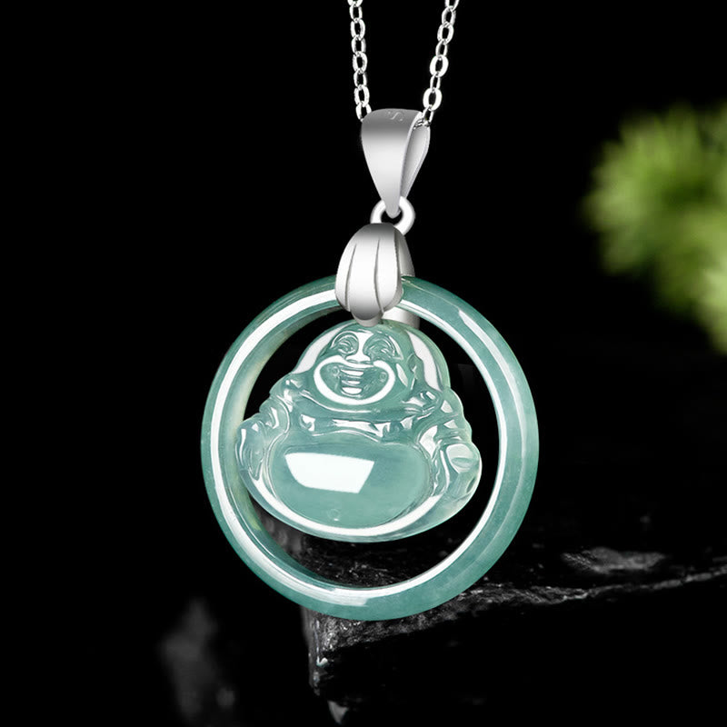 Collar con colgante de Buda sonriente de jade natural en plata de ley 925 con piedras de Buda
