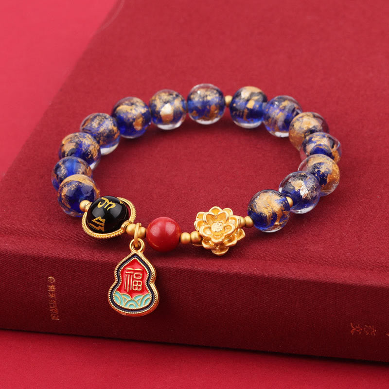 Pulsera de la suerte con cuentas de vidrio de loto y liuli con abalorios de calabaza del Tíbet con el símbolo Om Mani Padme Hum Fu de Buda