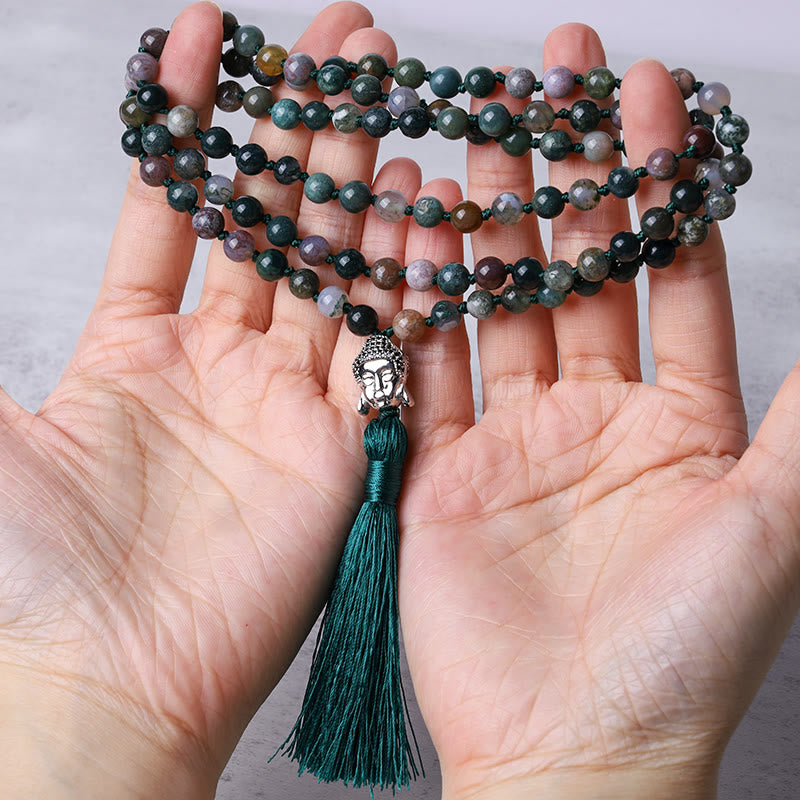 Buddha Stones 108 Mala-Perlen, indischer Achat, Buddha-Kopf-Reinigungsarmband