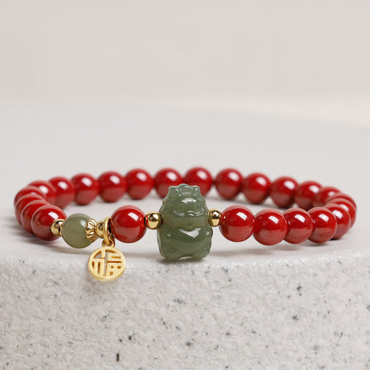Pulsera de plata de ley 925 con piedras de Buda y cinabrio natural del año del dragón, jade hetiano, dragón Fu, Ruyi, según los deseos.
