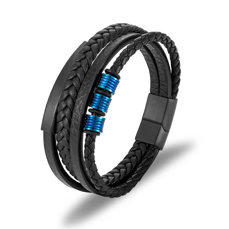 Pulsera trenzada multicapa de cuero y acero de titanio con hebilla magnética y piedras de Buda