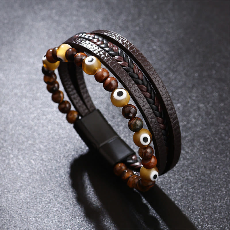 Pulsera trenzada multicapa con cuentas y protección de ojo de tigre y piedras de Buda