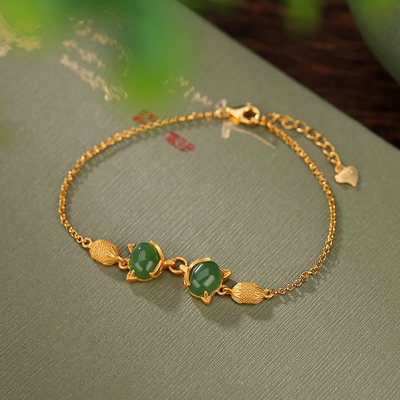 Buddha Stones 925 Sterling Silber Natürliche Hetian Weiße Jade Cyan Jade Schöne Fuchs Glück Armband