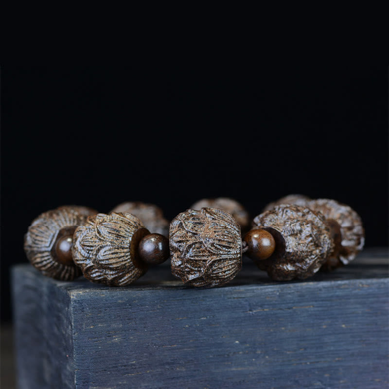 Pulsera de equilibrio con grabado de dragón de loto y dieciocho arhats de madera de ébano y piedras de Buda