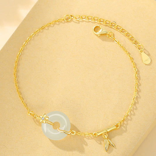 Pulsera de plata de ley 925 con piedras de Buda, jade hetiano, calcedonia, hebilla de paz, hoja de bambú y cadena de prosperidad.