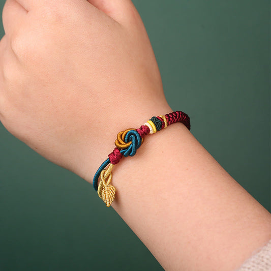 Pulsera tibetana de cuerda con nudo de mandala y hojas de la suerte, hecha a mano, con piedras de Buda