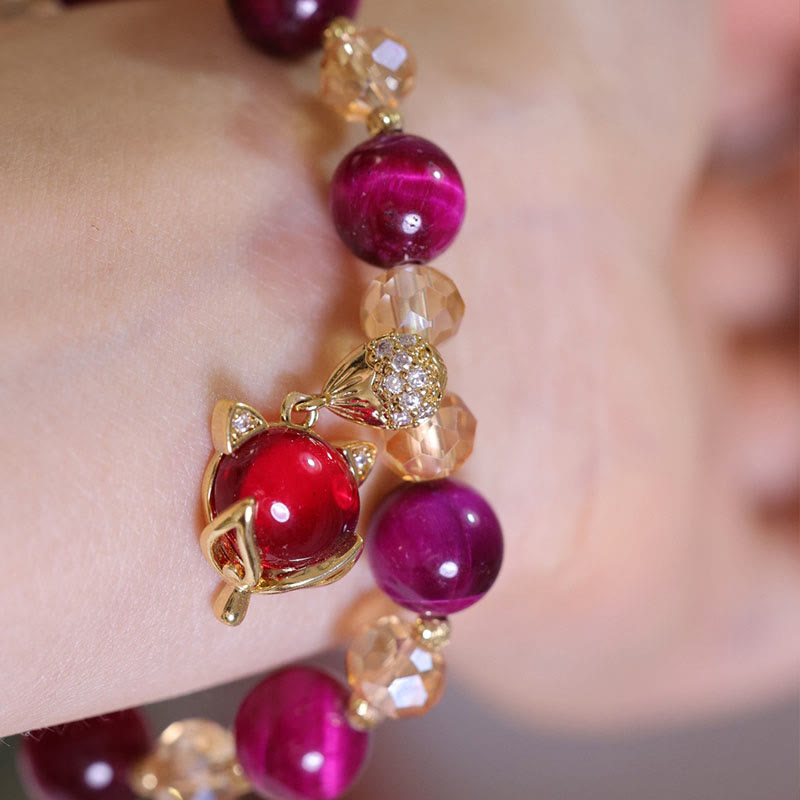 Pulsera de Buda con piedras de ojo de tigre rojo y zorro Pixiu para la protección y la confianza