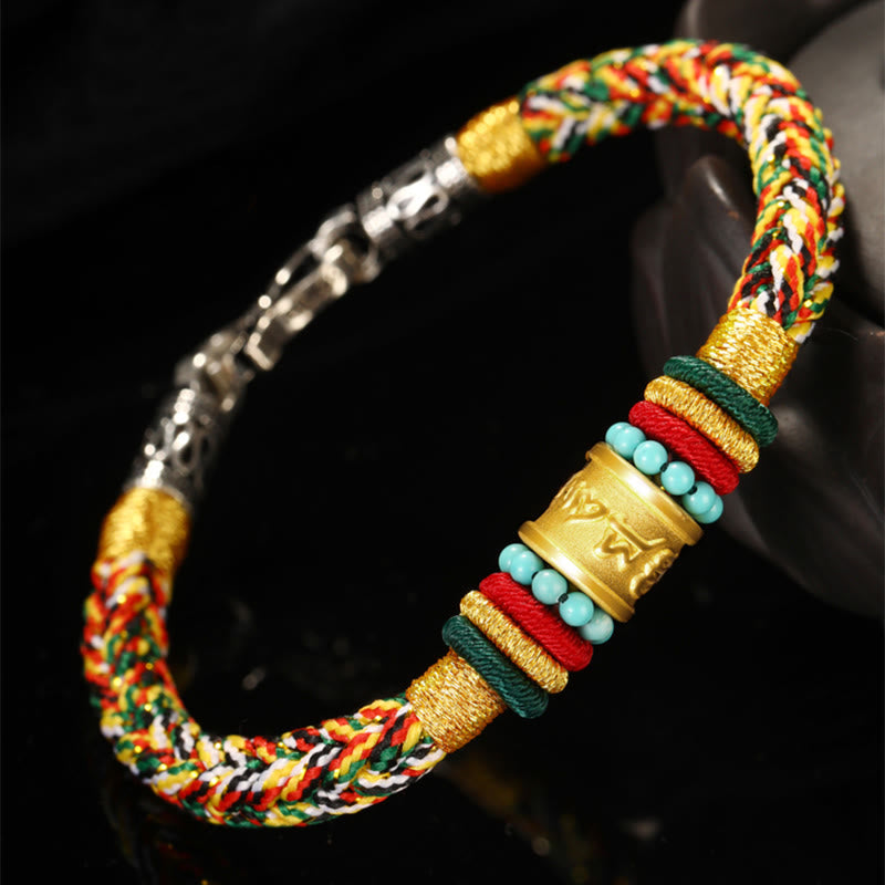 Pulsera de la suerte hecha a mano con ocho hilos y nudo de la paz Om Mani Padme Hum de oro 999 del Tíbet con piedras de Buda