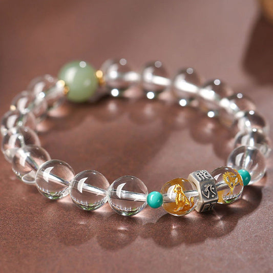 Pulsera curativa de jade hetiano de cristal blanco con piedras de Buda, en plata de ley 925, con el zodíaco chino y Buda natal, grupos auspiciosos.
