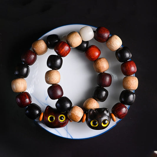 Pulsera de protección con piedras de Buda, hoja pequeña, sándalo rojo, madera de ébano y gato grabado