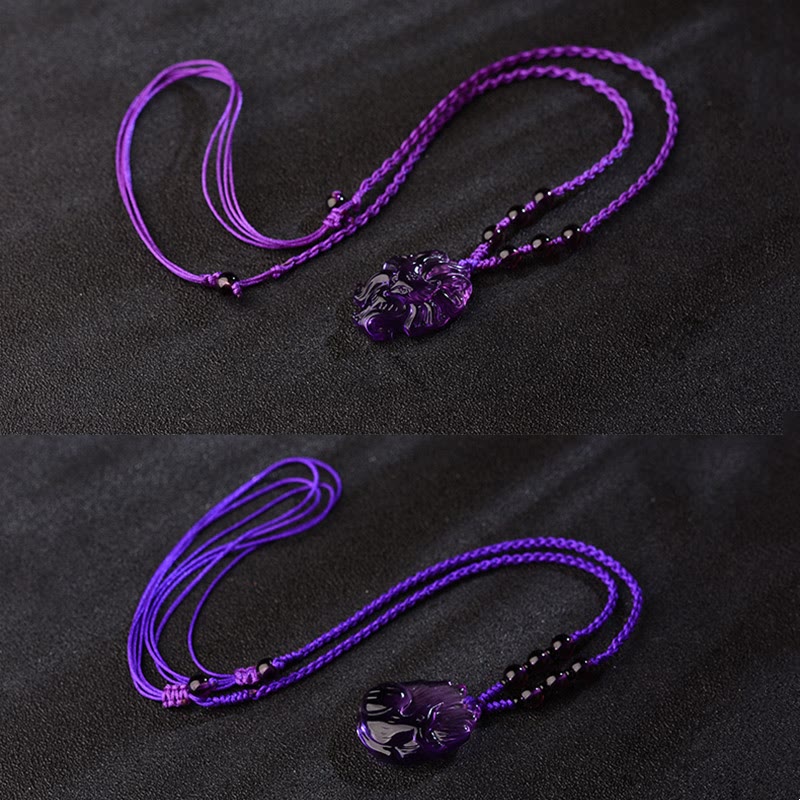Buddha Stones Natürlicher Amethyst Weißer Kristall Citrin Neunschwänziger Fuchs Glück Halskette Anhänger