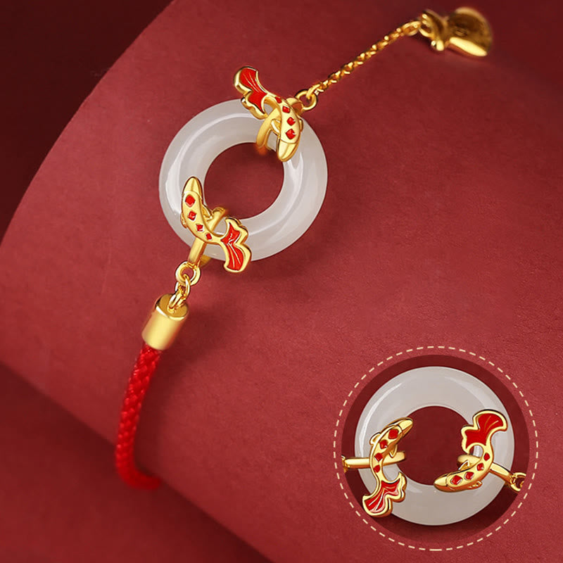 Buddha Stones 999 Sterling Silber Hetian Weiße Jade Doppel Koi Fisch Friedensschnalle Glücksbringer Reichtum Armband