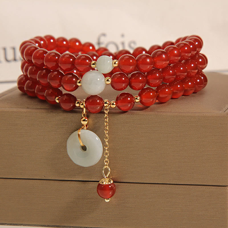 Buddha Stones Armband mit natürlicher roter Achat-Jade, Peace-Schnalle, Calm, dreifach wickelbar