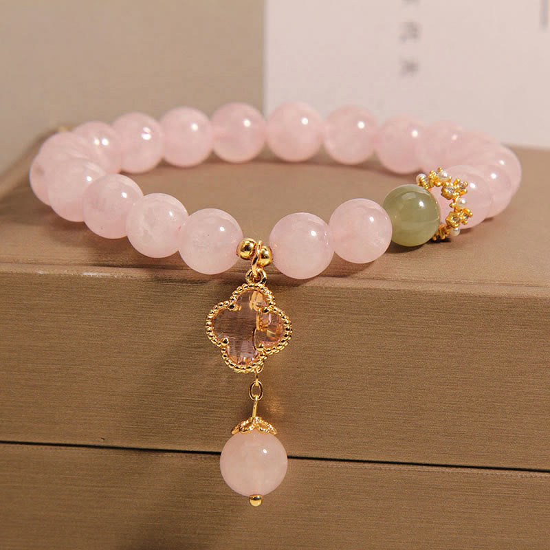 Pulsera relajante de trébol de cuatro hojas de cristal rosa natural de Buddha Stones