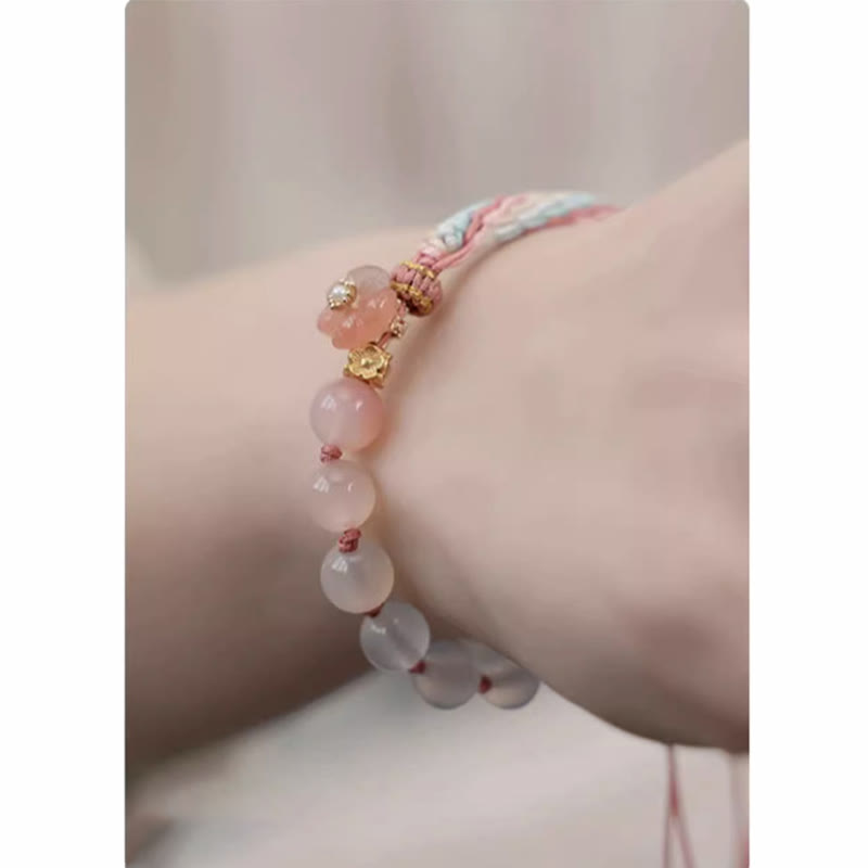 Pulsera de hilo hecha a mano con piedras de Buda, ágata natural degradada, nudo de reencarnación, flor de durazno, riqueza y suerte.