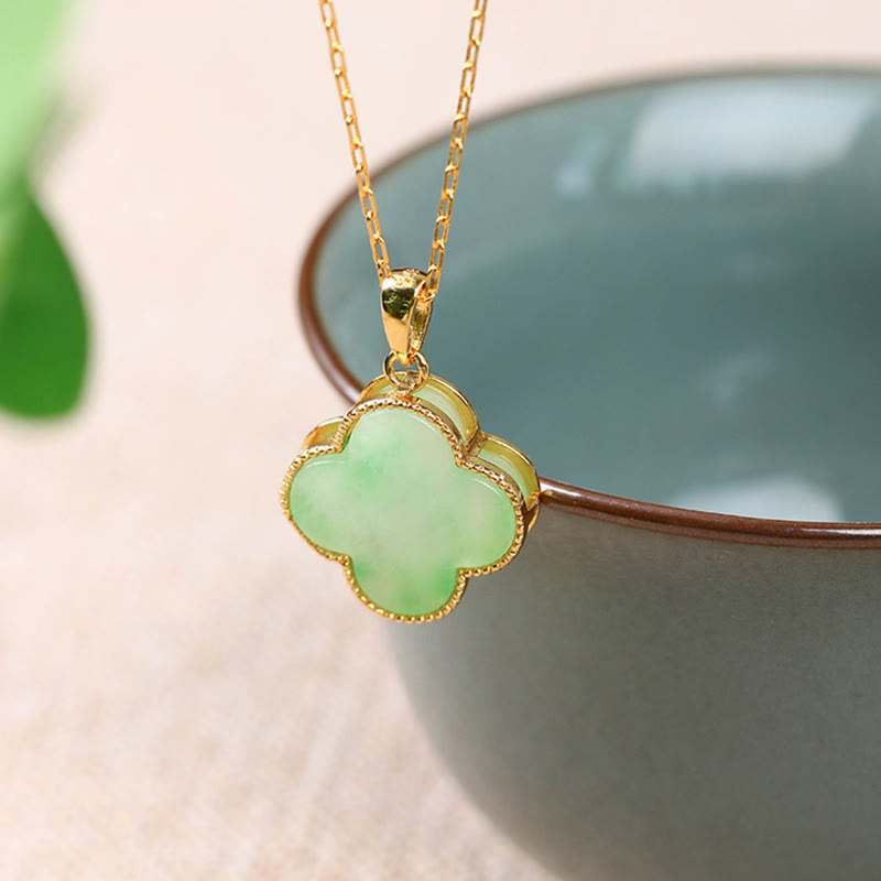 Buddha Stones Vierblättriges Kleeblatt Jade Muster Glück Halskette Anhänger