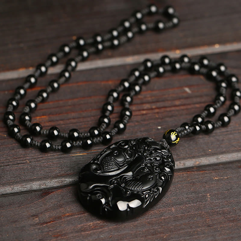 Collar con colgante de piedra de Buda, obsidiana negra, pez koi, cuerda de cuentas, fuerza de cumplimiento