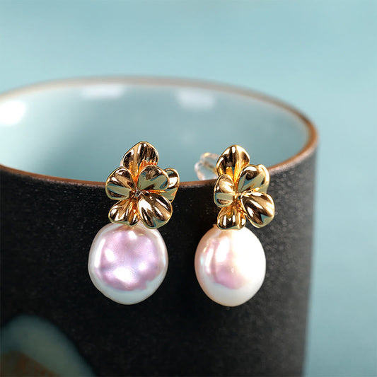 Pendientes colgantes curativos con flor de perla barroca natural de plata de ley 925 y piedras de Buda